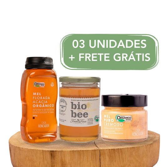 Kit 3 Unidades de Mel Orgânico - Acacia, Cremoso, Silvestre